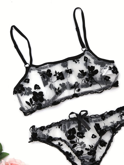 Sexy mesh flower lingerie set with transparent details - adult size, 2 pieces