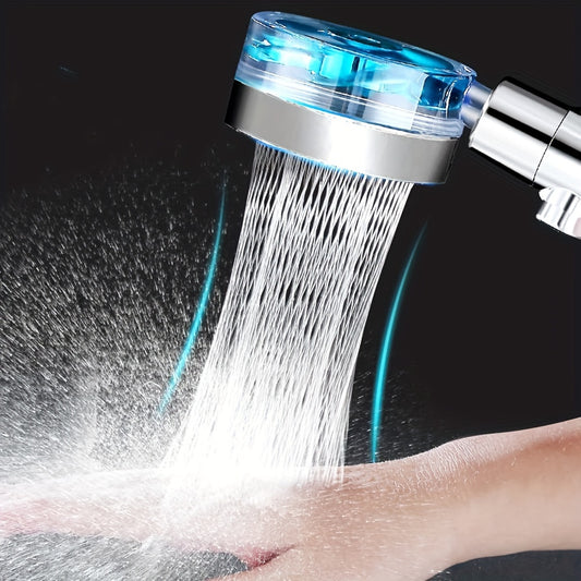 Turbocharged handheld shower head with high pressure and 5 filters for bathroom use.