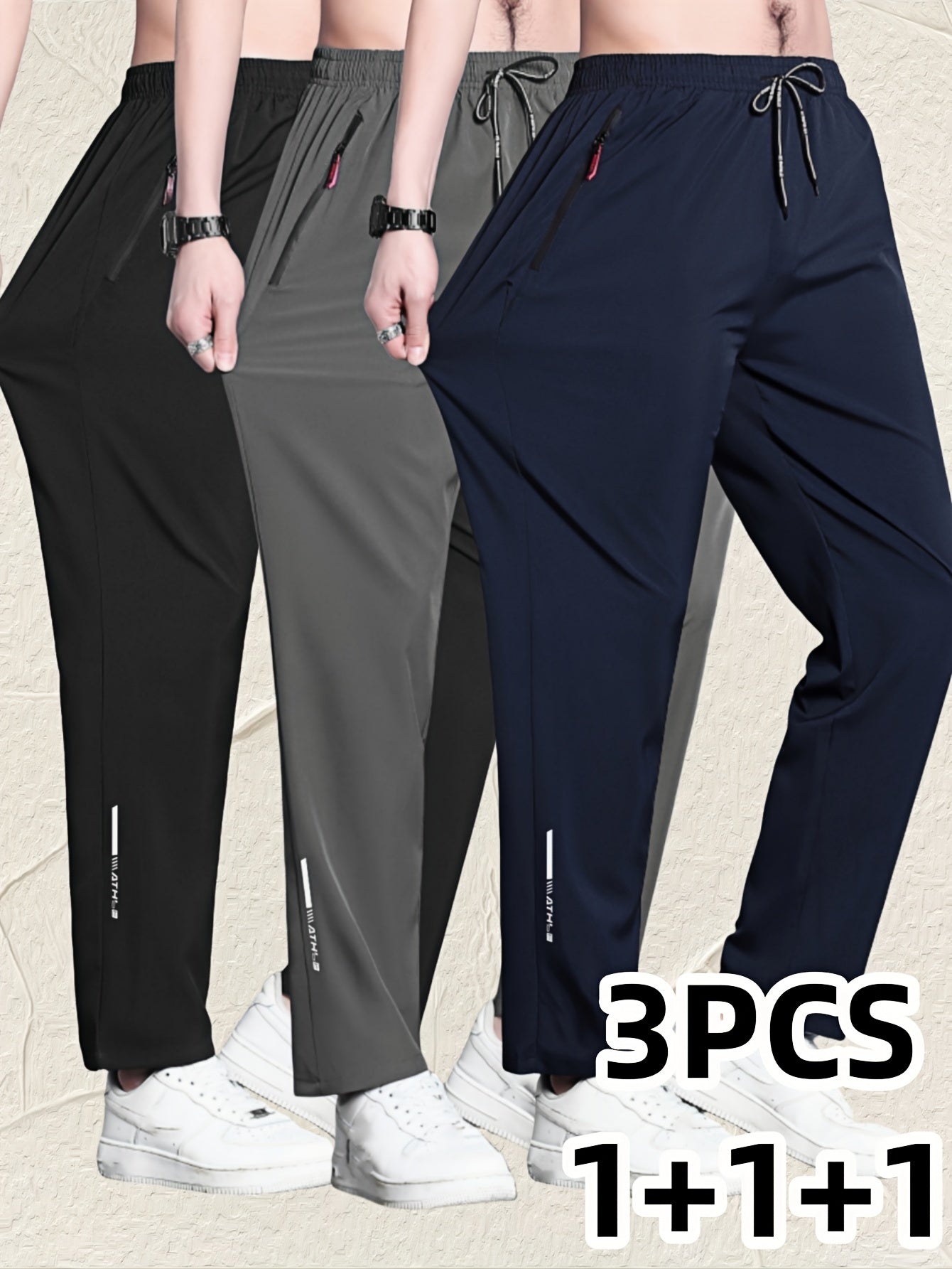 Three men's polyester sports track pants with zipper for running, training, hiking, and casual wear in spring/summer.