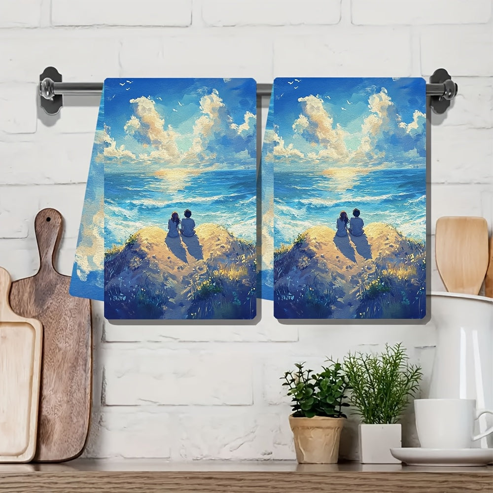 This set includes 2 ultra-soft kitchen towels with an anime couple seated on a heart-shaped sand dune, gazing at the waves. These dish towels are highly absorbent, perfect for holiday decoration, machine washable, and measure 40.64X60.96 cm.