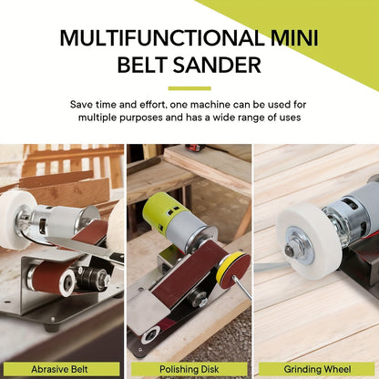 Mini belt sander with 7 adjustable speeds for sharpening knives and grinding metal and wood.