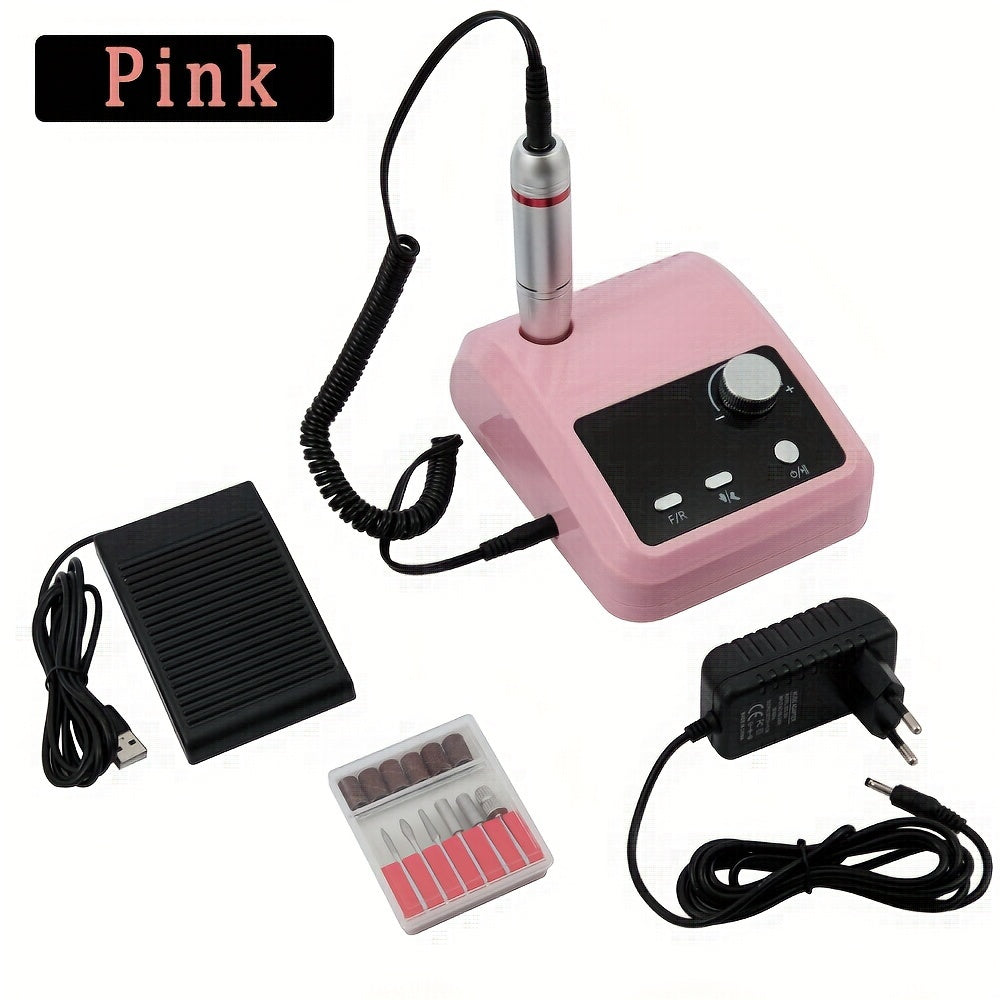 High-speed electric nail drill for professional manicures and pedicures, includes HD display and accessories for polishing and cuticle removal.