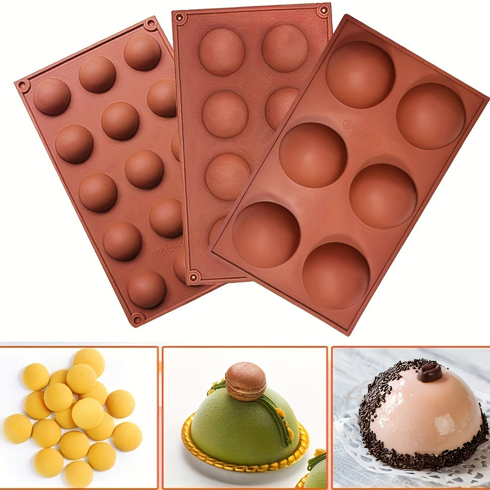 Set of 3 Ball Silicone Molds for Chocolate, Cake, Ice Cubes, Pudding, Mousse, and Jelly - Professional Round Hemispherical Design with 6, 8, and 15 Cavities