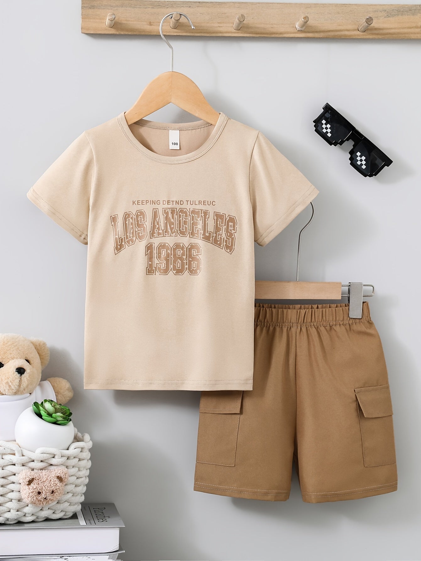 Boys' Summer Set: Casual Letter Print T-Shirt & Shorts with Pockets - Polyester Blend, Machine Washable, Ideal for Outdoors