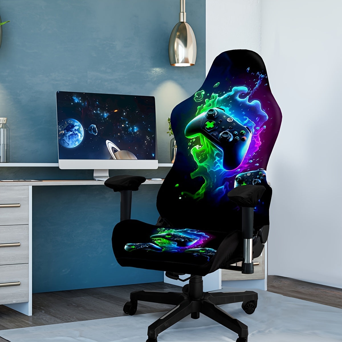 Modern gaming chair cover with high elasticity and unique digital print, made from a blend of polyester and spandex fabric. Washable and suitable for home and office decor.