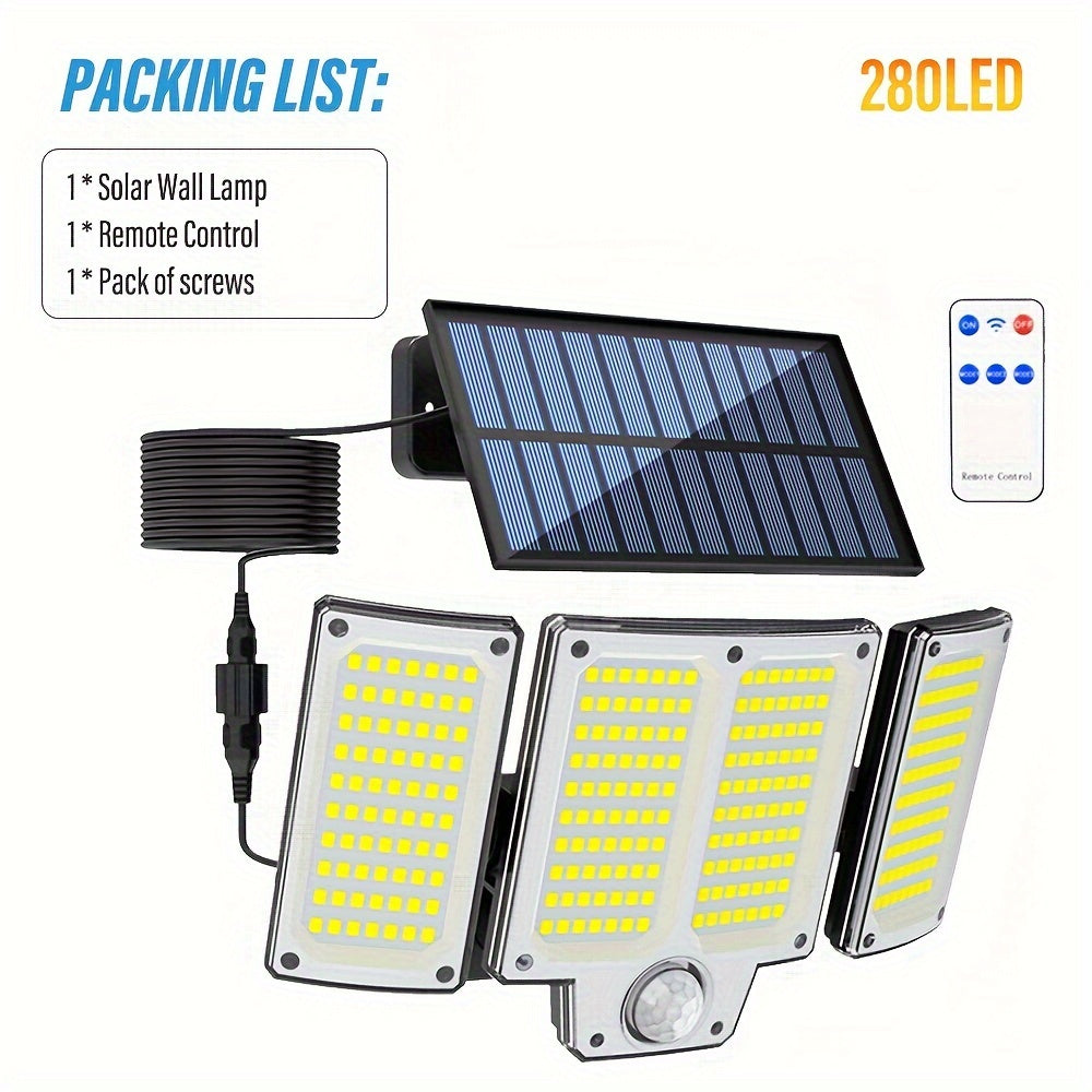 Solar lights with motion sensor and remote control, 3 modes, 3-head solar floodlight for yard, garage, porch.