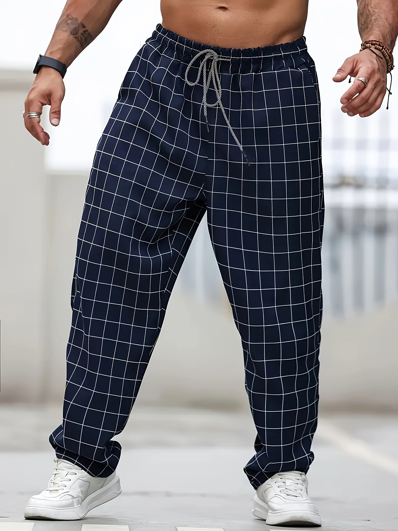 Men's Casual Plaid Jogger Pants in PLUS SIZE, made of woven polyester with drawstring waist, relaxed fit, and machine washable for all-season comfort.