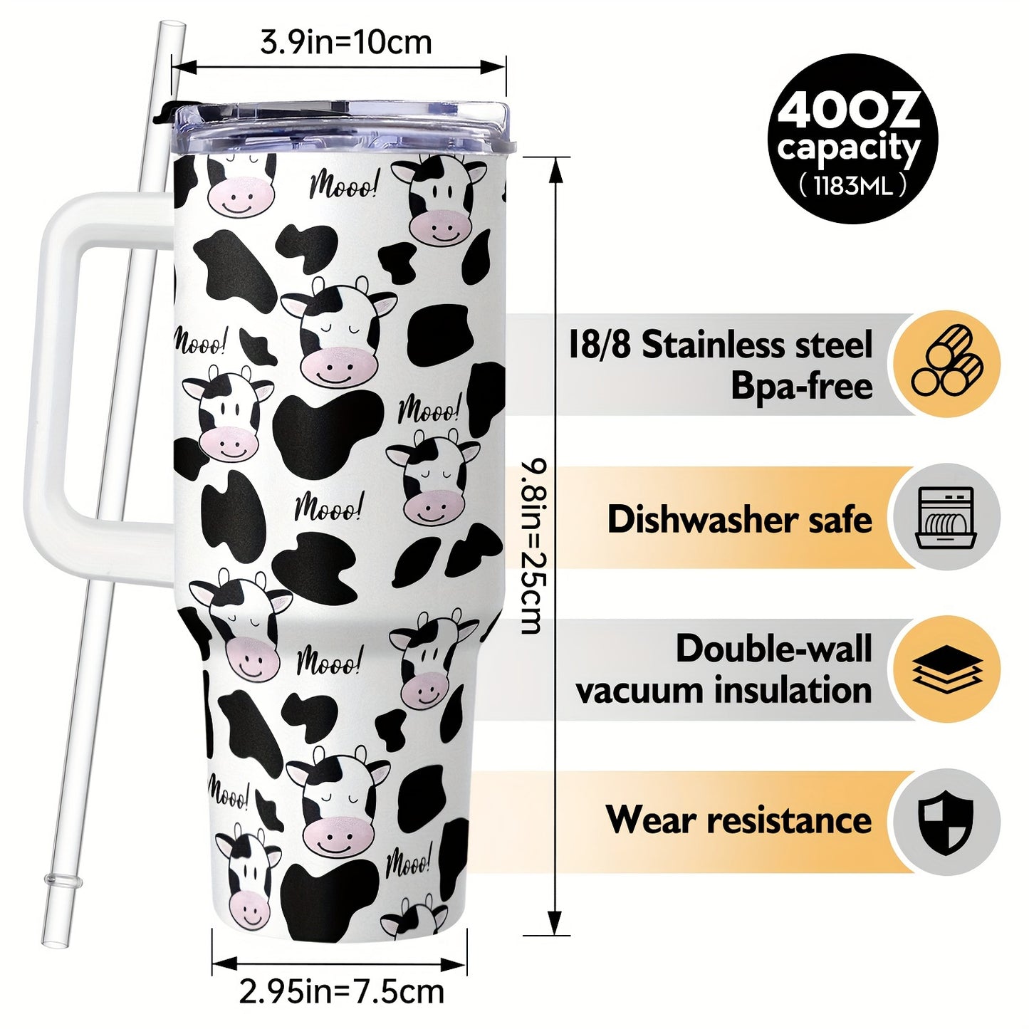 Adiffly 40oz Stainless Steel Tumbler with Cow Print, Vacuum Insulated, BPA Free, Keeps Beverages Cold for 48 Hours - Ideal for Family & Friends.