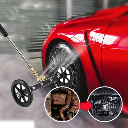 Undercarriage pressure washer with multiple functions, includes 4 nozzles, chassis cleaning brush, and outdoor car floor cleaning tool. Operates manually, no electricity or batteries required.