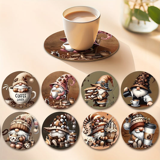 Set of 8 wooden gnome coasters with colorful designs for drinks, tea, and coffee. Perfect for home and restaurant décor, great as a Christmas gift. Hand wash only. Each coaster measures 9.98 cm.