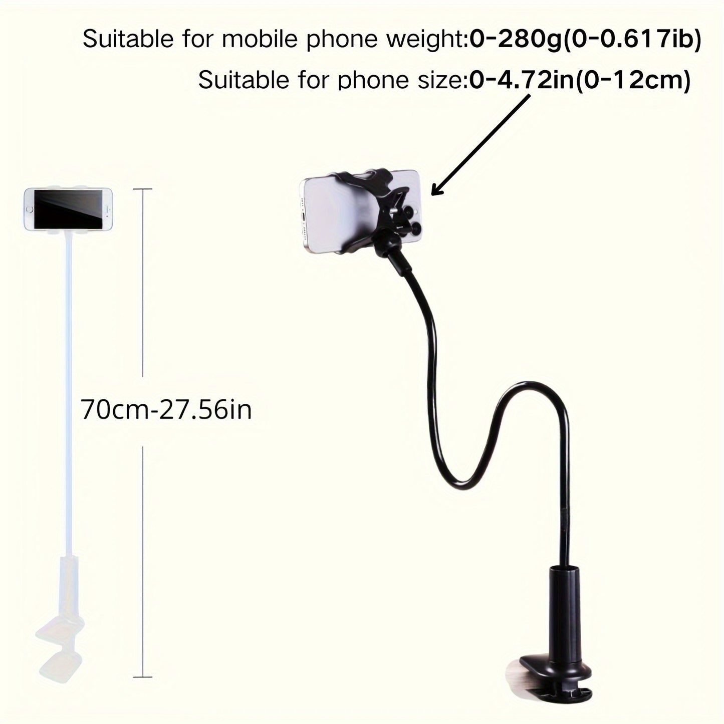 Cell Phone Clip On Stand Holder with Flexible Long Arm Lazy Bracket Mount Clamp for iPhone 15 Pro Max and 12-14.