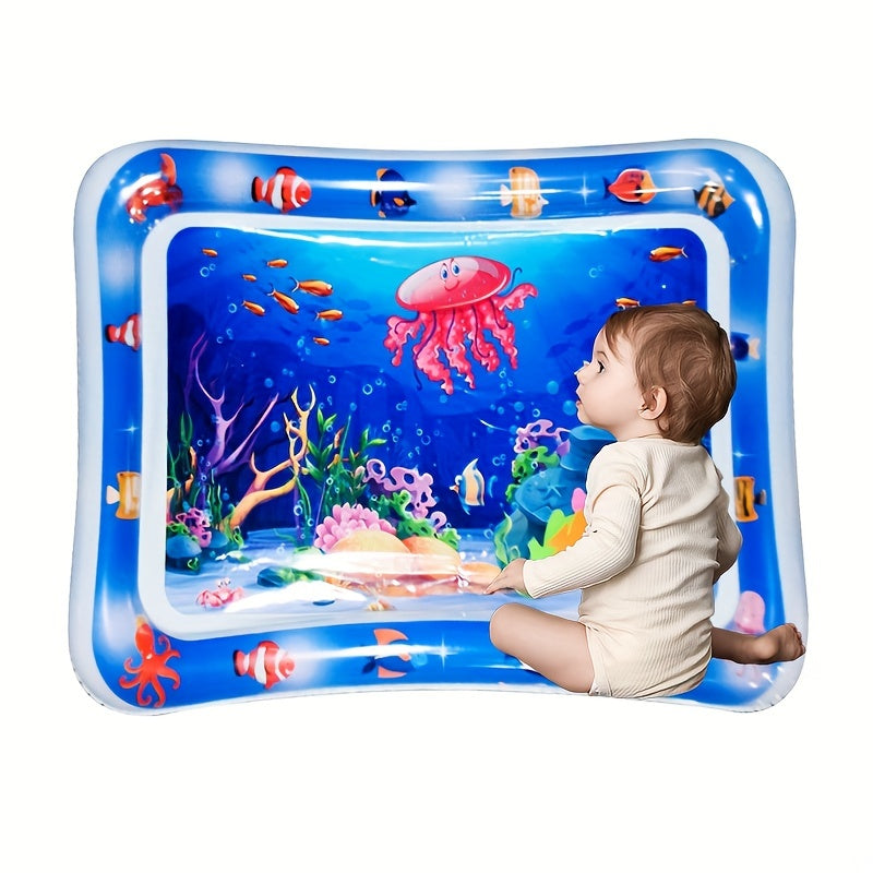 Inflatable Jellyfish Play Mat featuring underwater theme with sea creatures, promotes motor skills and interactive fun learning, made of durable PVC material.