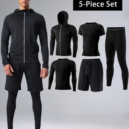 Men's 5-piece Athletic Set for Basketball & Fitness: High-Elasticity, Quick-Dry Compression Gear with Long Sleeve Top, Shorts, Leggings, Vest & Tee