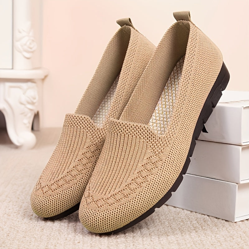 Beige & Green Breathable Knit Loafers - Slip-Resistant, Comfortable Flats with Soft PVC Sole for All-Day Wear