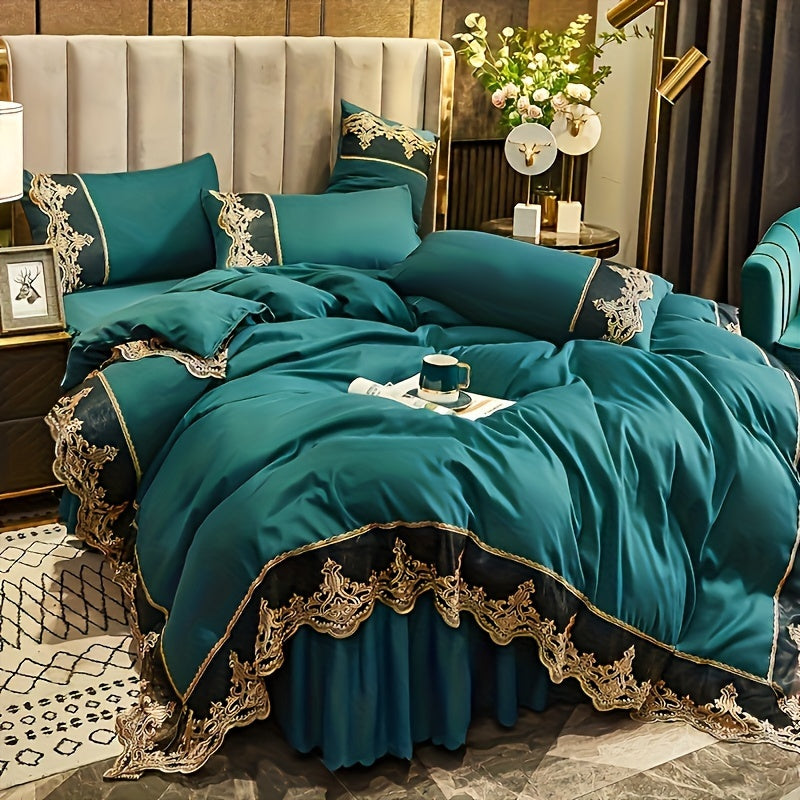 Lace bedding set in various colors with quilt cover and matching pillowcase. Available in two or three piece set.