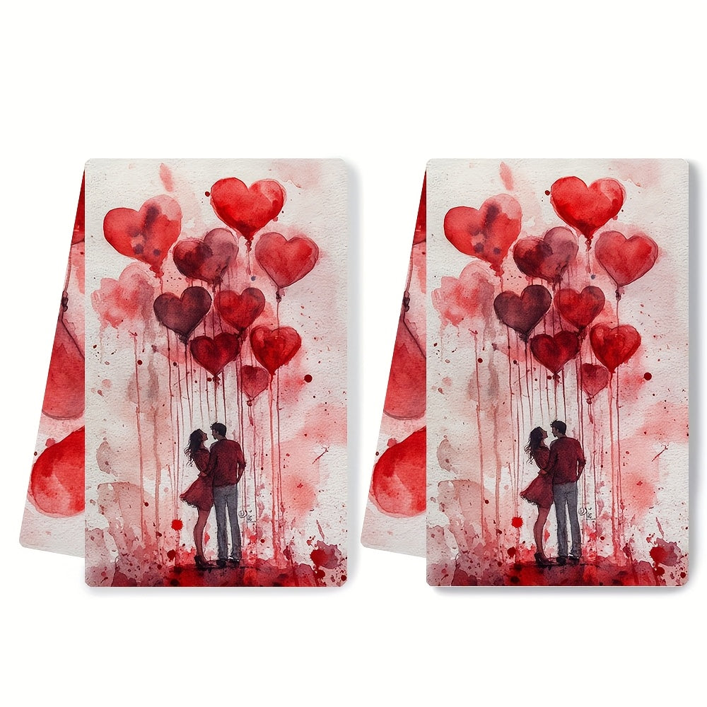 Two pieces of Romantic Valentine's Day kitchen towels made from ultra soft and highly absorbent polyester. Each towel measures 40.64x60.96 cm and is machine washable. Featuring a festive heart balloons design, these towels are perfect for adding some