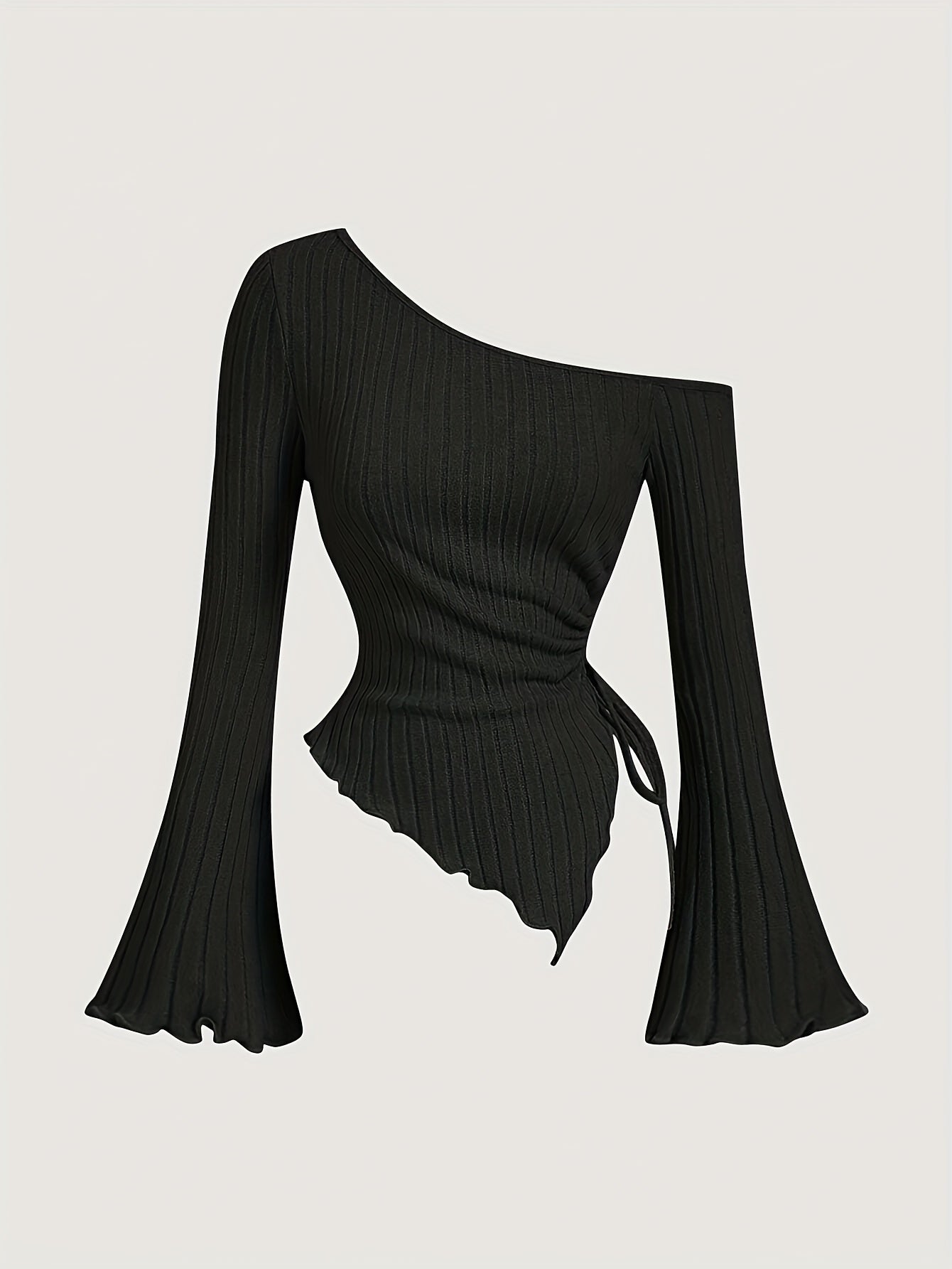 Black polyester knit outfit for spring/summer with off-shoulder top and ruffle skirt.