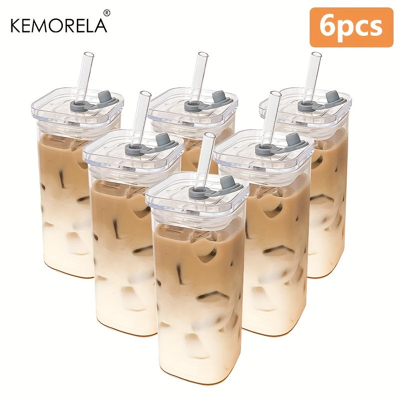 KEMORELA 4/6pcs 380ml/12oz Portable Drinking Cup - Rectangular Heat-Resistant Glass Mug with Lid and Straw - Durable and Versatile for Hot or Cold Beverages, Single-Piece Packaging, Perfect for On-The-Go.