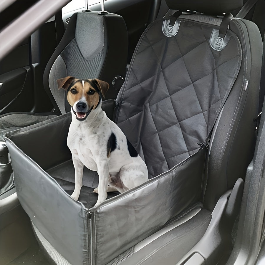 Waterproof fabric dog seat cover with seat belt tether, quilted design, and non-slip bottom. Durable protector for cars, trucks, and SUVs with universal fit and four zipper access.