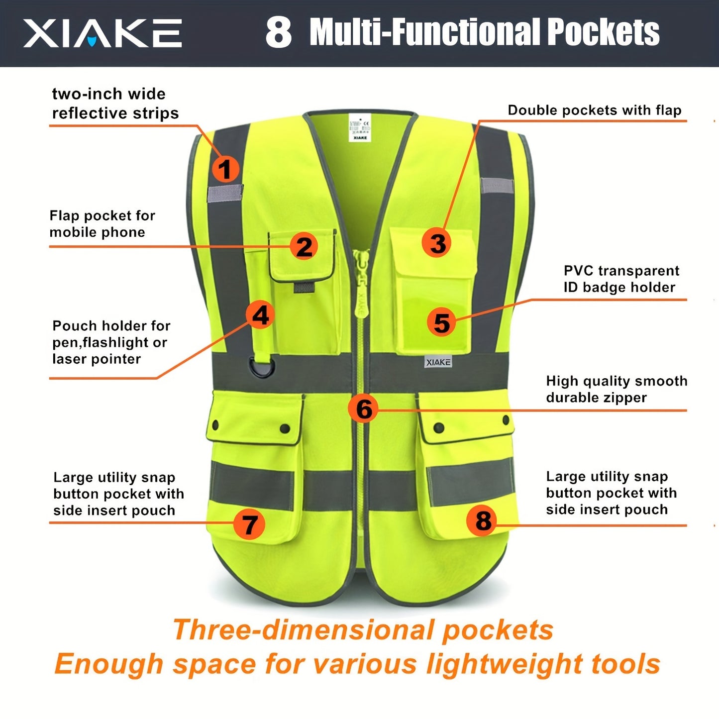 Stay safe and visible in ANSI/ISEA certified reflective safety vest with 8 pockets and zipper.