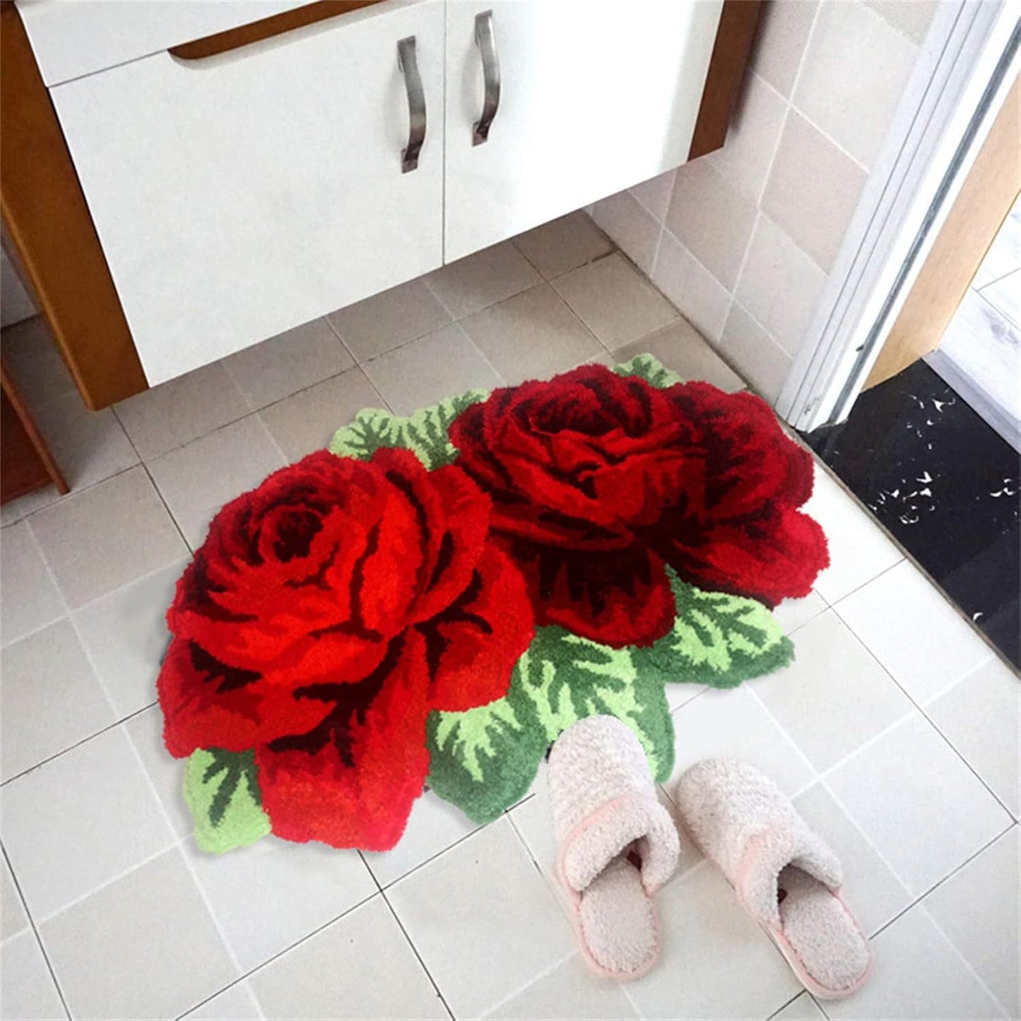 Valentine's Day Decor - Crystal Velvet Rose Flower Bath Rug with Non-Slip Backing, Made of Knit Fabric, 100% Polyester, 750gsm, 1cm Thickness, Suitable for Bathroom, Living Room, Bedroom, and Study