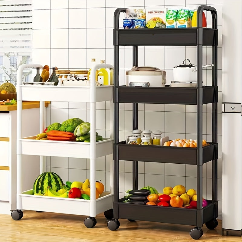 Multifunctional storage cart with wheels for dry and wet use in bedrooms, kitchens, and living rooms. Available in black and white, with two size options.