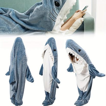 Thickened and warm 1pc Shark Loungewear Pajamas that transform into a multifunctional blanket, perfect for wearing at home or as a cozy sleeping bag with a fun cartoon shark design.