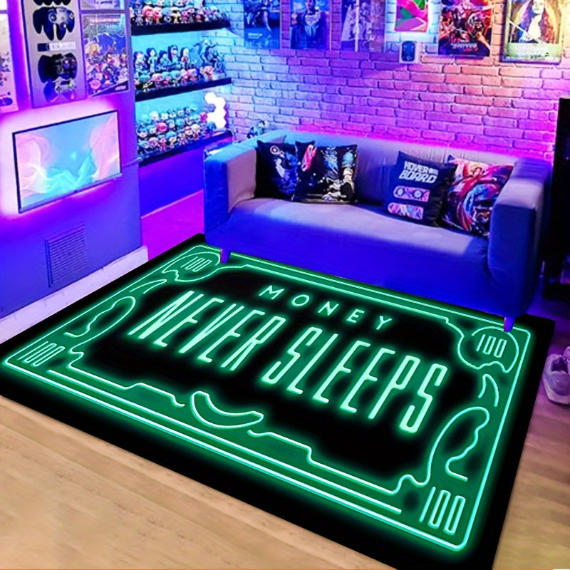 Money Never Sleeps Rug: This non-slip resistant mat features a print design and is machine washable and waterproof, making it perfect for use in the living room, bedroom, nursery, patio, garden, or yard. Enhance your home decor with this versatile rug.