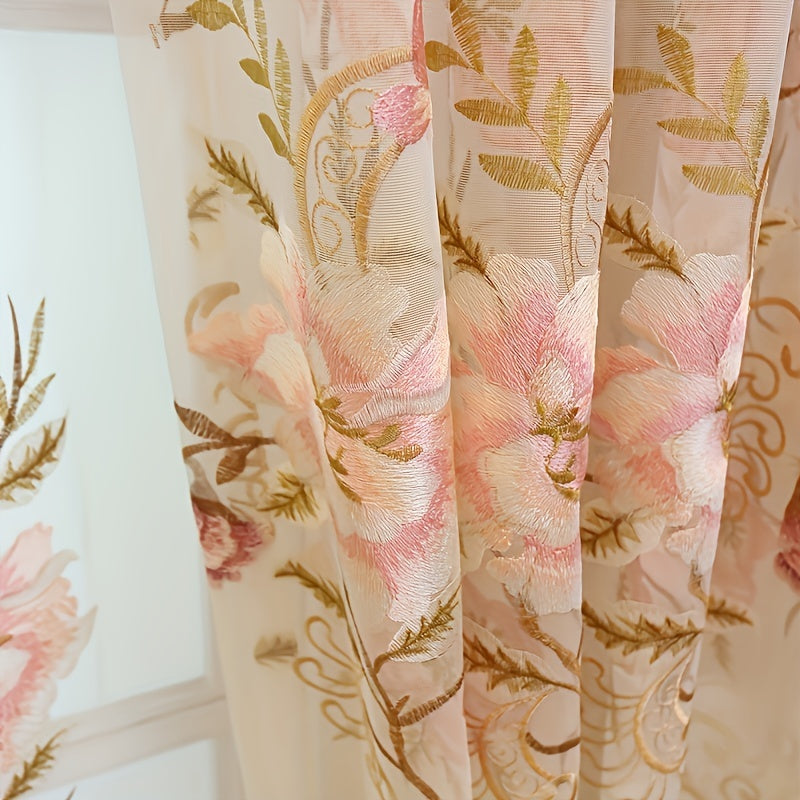 Add a touch of elegance to your living room or bedroom with this beautiful 1pc Pink Floral Embroidered Sheer Curtain. Made of semi-transparent polyester, this curtain features delicate embroidery and eyelets for easy hanging. Machine washable for