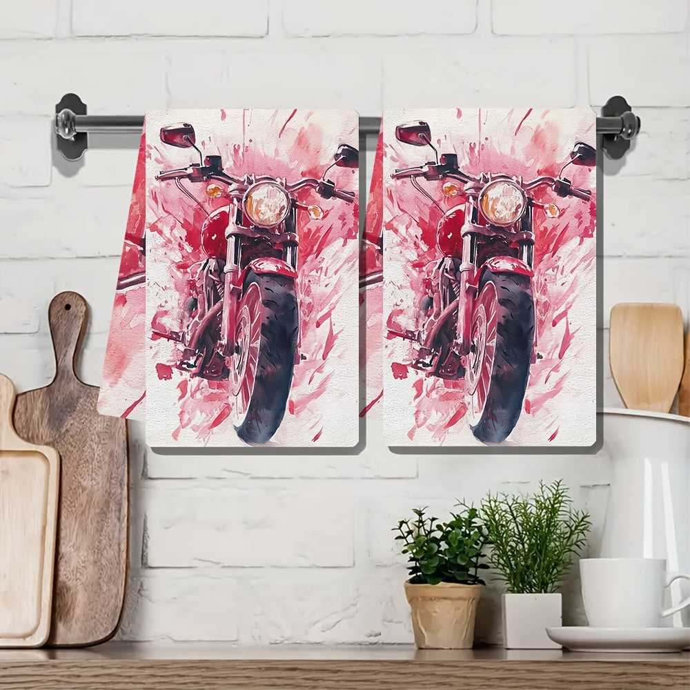 Two pieces of luxurious polyester kitchen towels, sized 40.64x60.96 cm - featuring a vibrant Valentine's Day motorcycle design. These highly absorbent and machine washable dish hand towels are perfect for holiday decor in your kitchen.