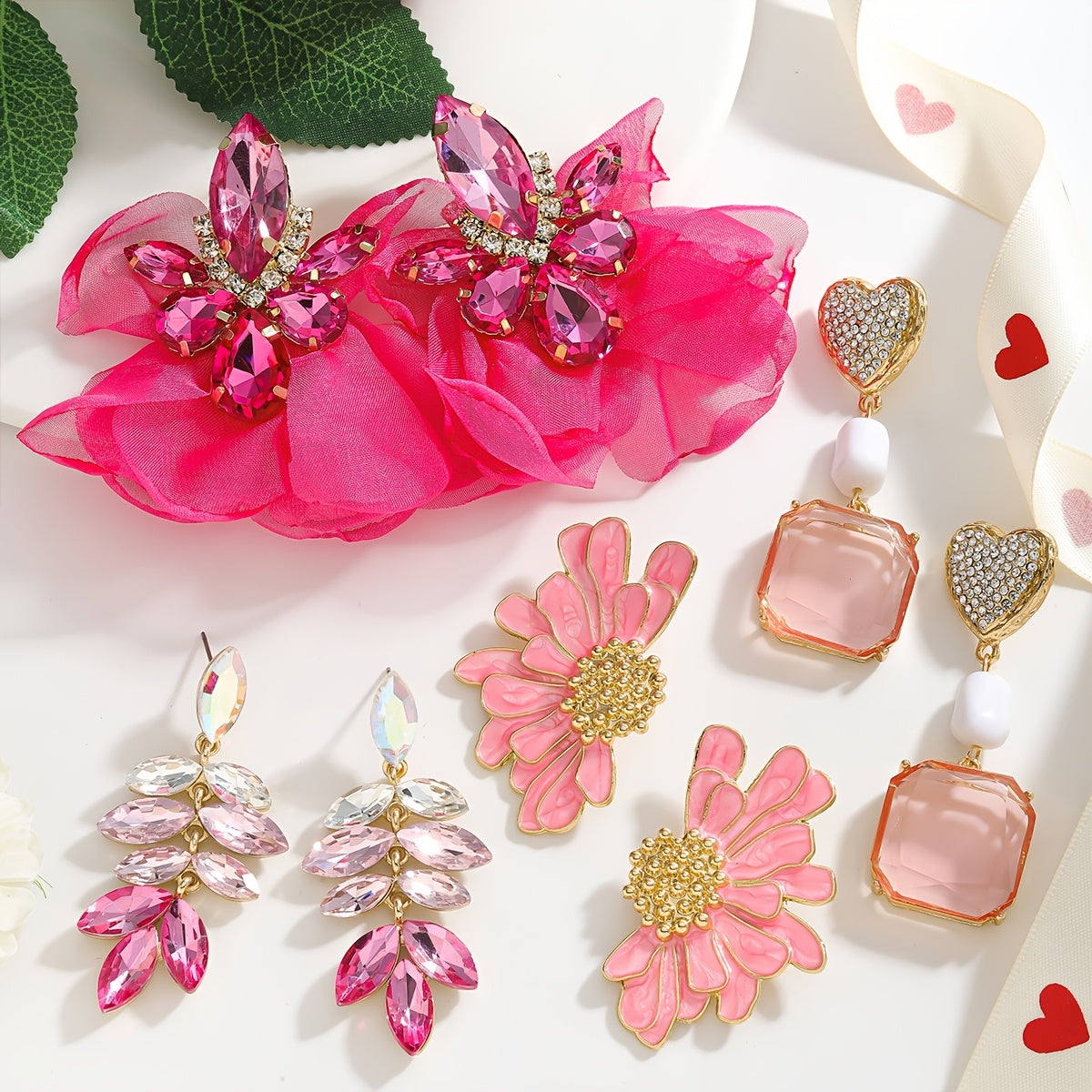 Stylish Valentine's Day Rhinestone Flower & Heart Dangle Earrings in Sweet Pink Zinc Alloy Drop style, featuring Stainless Steel Posts. These Luxury Fashion Earrings for Women are ideal for parties and as gifts.