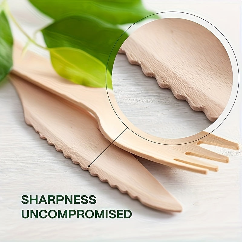 Bundle of wooden utensils - Includes 100/200 pieces of disposable cutlery (50/100 forks, 25/50 knives, 25/50 spoons). Perfect for events and catering, these 5.5-inch tools are made of high-quality wood. Complete your dining set with this 14cm wooden