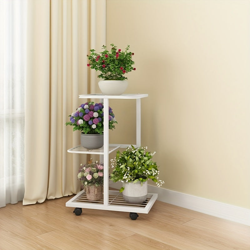 Metal plant stand on wheels with a lacquered finish and plaid pattern, featuring multi-tiered shelves for indoor or outdoor use in living areas and balcony spaces.