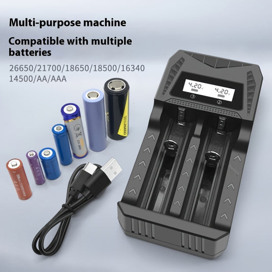 Universal USB Lithium Battery Charger compatible with various rechargeable batteries, with full voltage display.