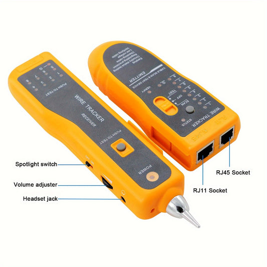 MythTiger Handheld Cable Tester for LAN, phone, internet, video, and data cables. Features automatic tone inspection, headset jack, and RJ45/RJ11 sockets. Battery powered (battery not