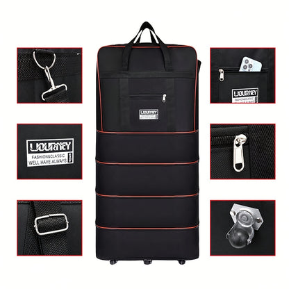 Foldable travel luggage bag with wheels for business trip, study abroad, and travel. Large storage capacity, expandable and portable.