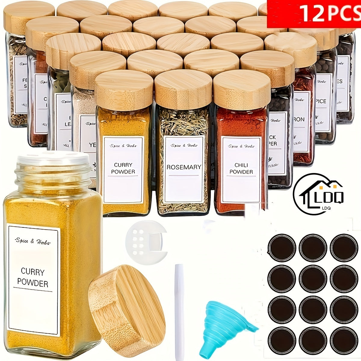 12pcs LDQ Glass Spice Jars for Kitchen Essentials and Cooking Enthusiasts