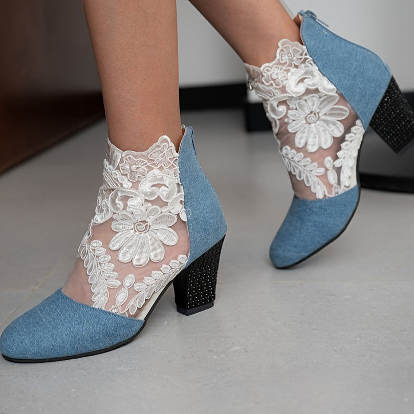 Women's Floral Lace Pattern Boots with Back Zipper, Chunky Heel, and Round Toe