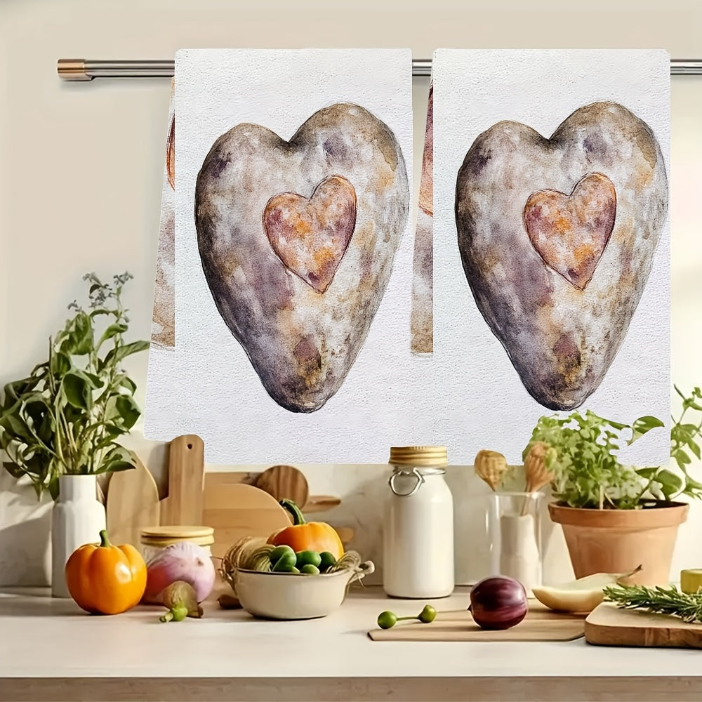 Two ultra-soft kitchen towels with a Valentine's potato design. These towels are highly absorbent and perfect for holiday decoration. They are machine washable and measure 40.64X60.96 cm.