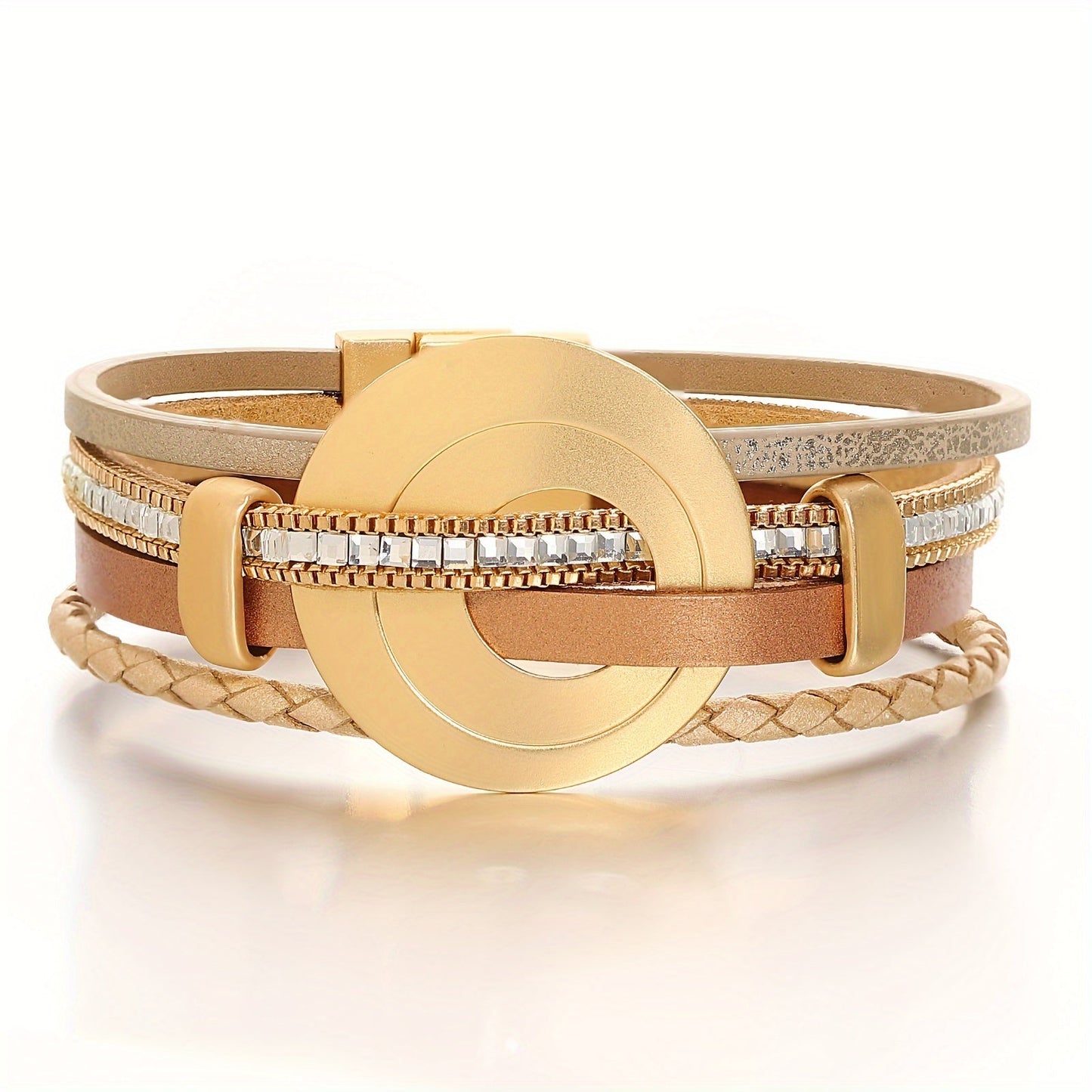 Artificial leather rope bracelet with square crystal beads and metal round charm - a stylish hand decoration and jewelry gift for ladies, featuring four layers of braided design.