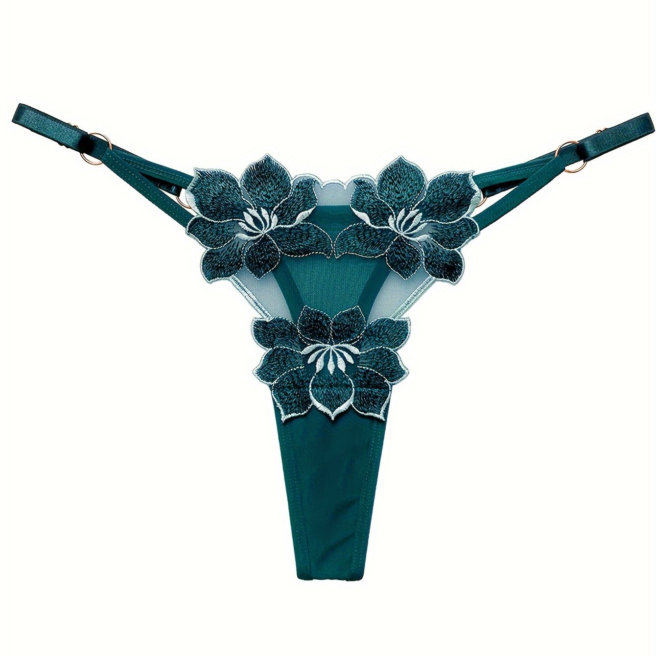 Women's sexy lingerie and underwear with floral embroidery thongs and hollow ring linked panties.