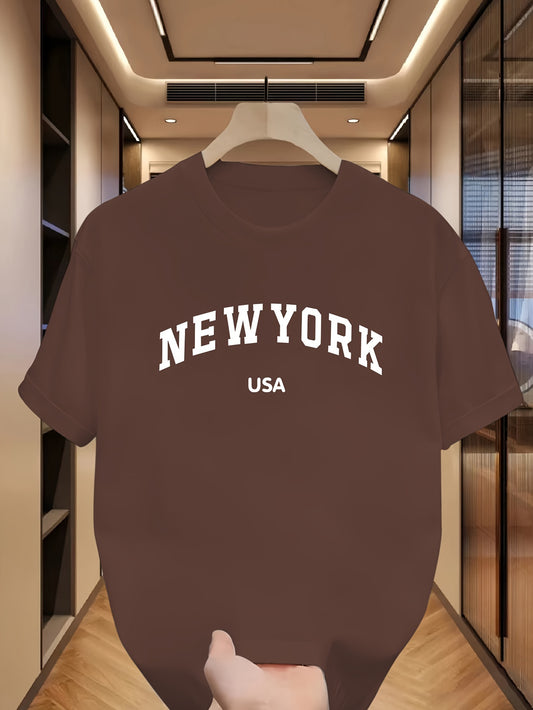 Men's casual crew neck t-shirt with NEW YORK USA print, 95% Polyester 5% Elastane, Slight stretch, Regular fit, Summer wear, 180gsm.