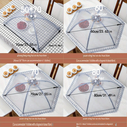 Foldable dish cover for fly-proof protection of food indoors and outdoors. Great for home kitchens, outdoor parties, picnics, and barbecues. Suitable for covering vegetables and leftovers.