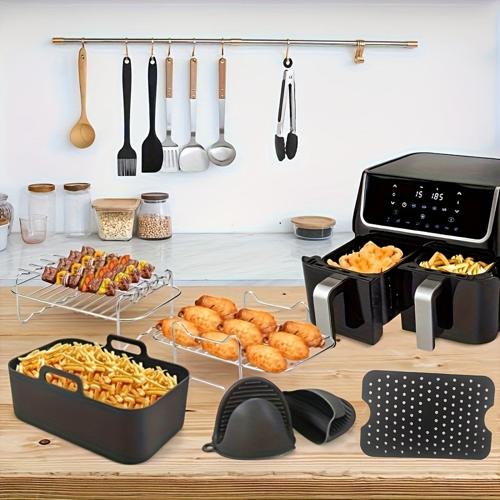 Upgrade your air frying experience with this 9-piece set of accessories made from high-quality 304 stainless steel. Compatible with popular air fryer models like Ninja Foodi, Instant Vortex, Tower T17088, and Salter Dual Zone Deep Air Fryer 7.6L-9.6L