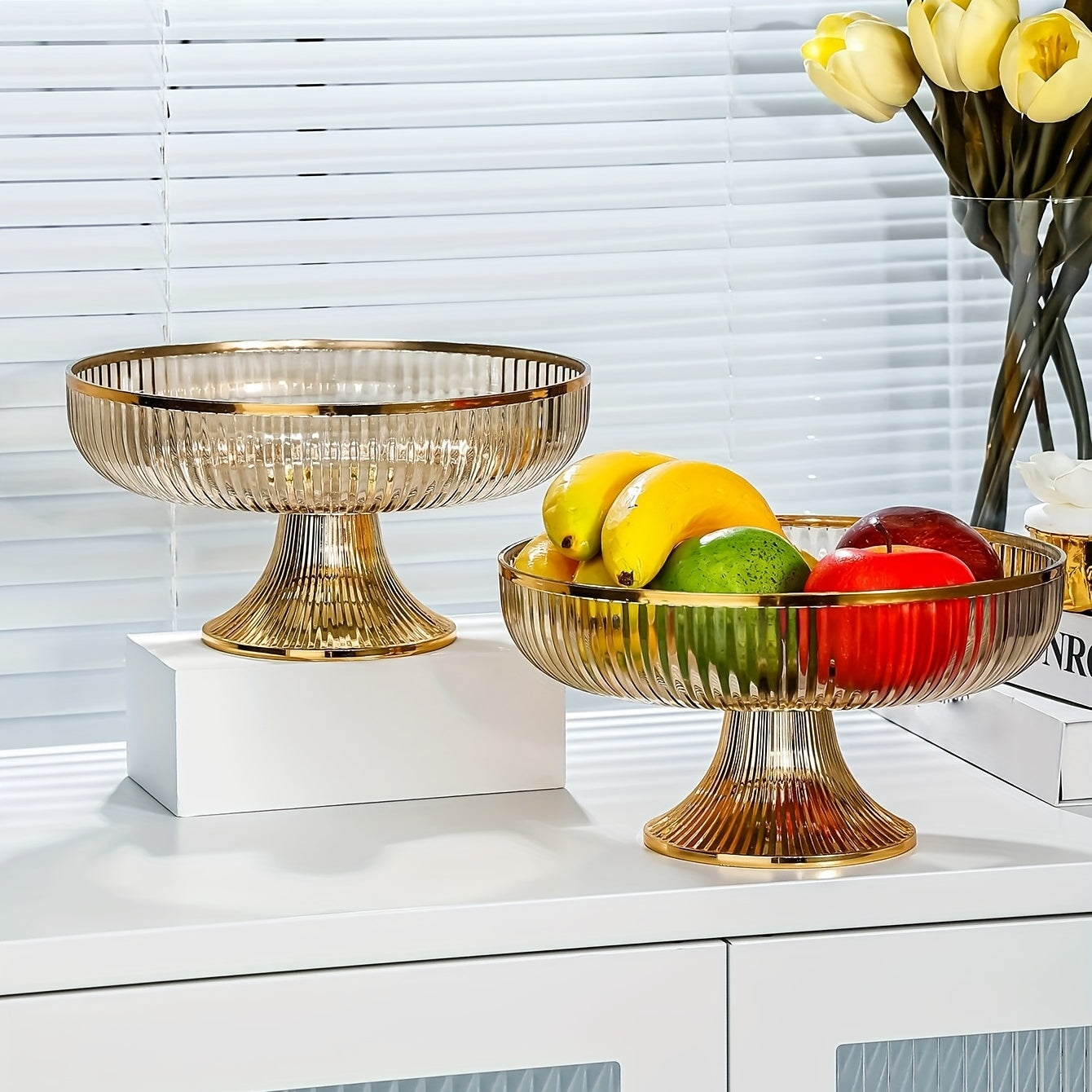 Beautiful acrylic fruit bowl with golden rim and luxurious texture. Perfect for snacks, candy, and fruits. Ideal for home decor, weddings, parties, and table centerpiece.