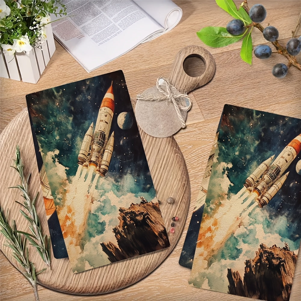 This pair of ultra-soft kitchen towels is adorned with NASA's Grand Tour of Space Tourism, making them a unique and eye-catching addition to your kitchen decor. Not only are these towels highly absorbent, but they are also machine washable for easy care.