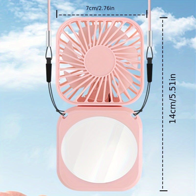 Мини складной вентилятор с завязками на шее и зеркалом для макияжа - это портативный ручной вентилятор с USB-зарядкой, предназначенный для использования на улице. Этот креативный настольный вентилятор предлагает 3 скорости для индивидуального комфорта.