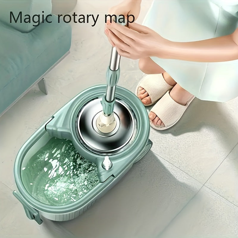 Get your hands on the 1 Set of Hands-Free Double Drive Rotary Spin Mop, complete with a pressing handle and wheels. This stylish mop is made from stainless steel and plastic, perfect for cleaning wood floors. The mop bucket system includes an ultrafine