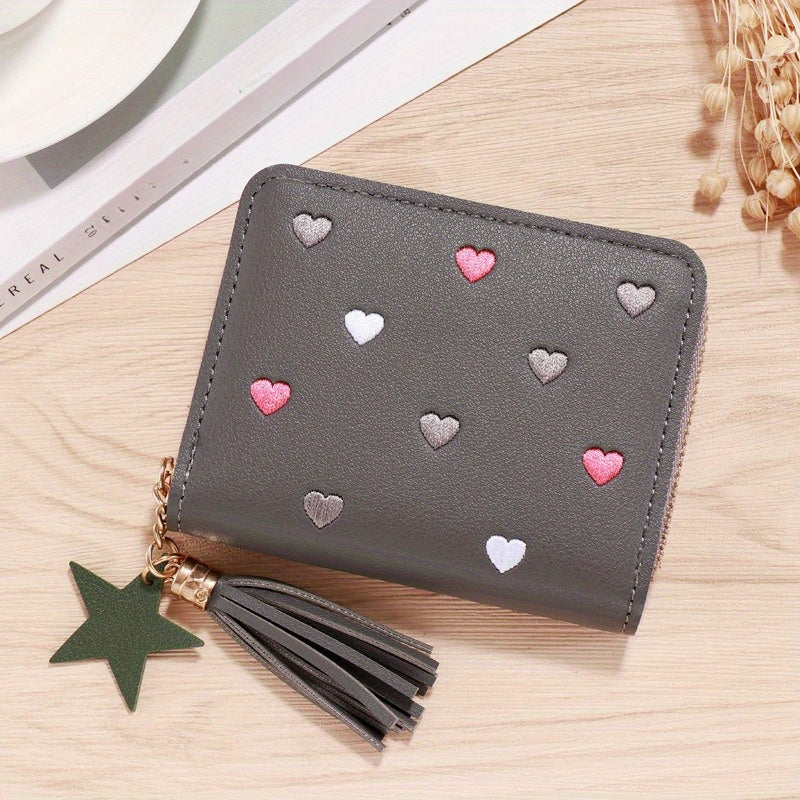 1pc Honey Girl Women's Wallet with tassel zipper coin purse, credit card slots, slim fit, PVC faux leather, random print design in black/grey/red.