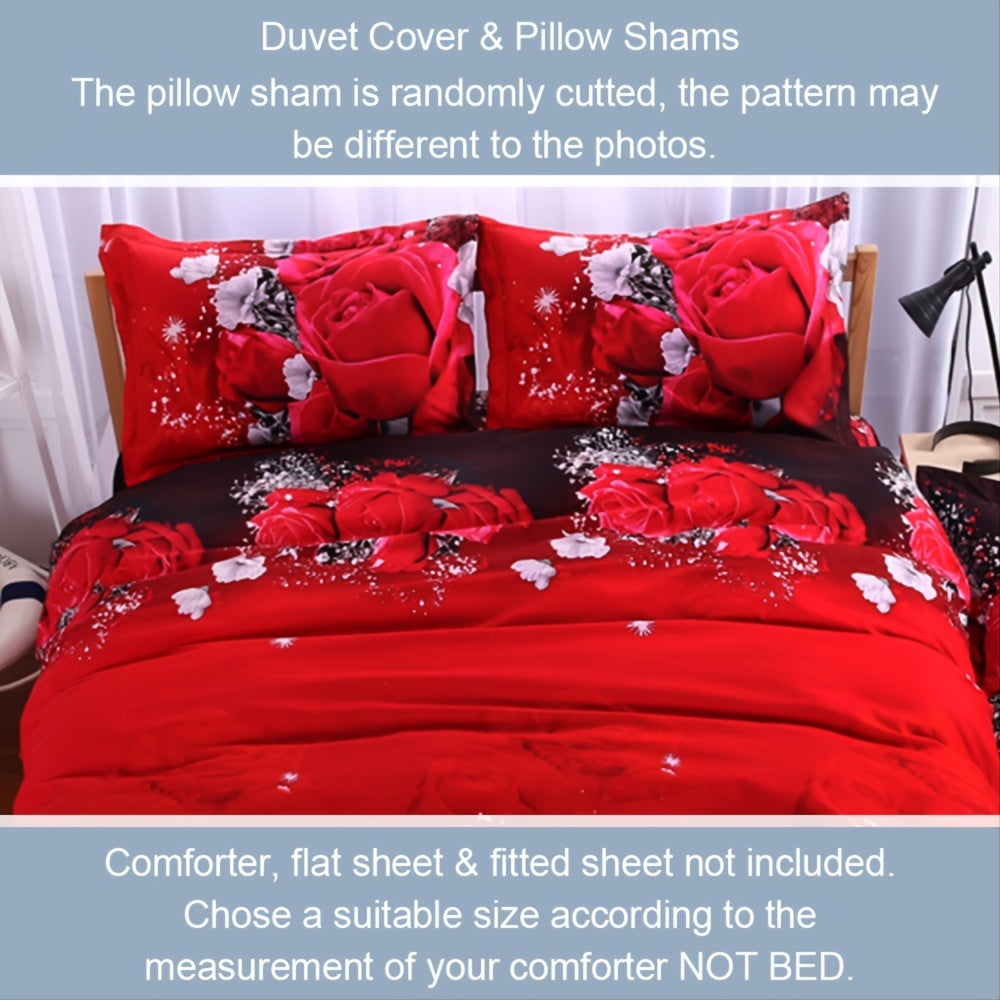 Romantic Couple Bronzing Marble Rose Red Duvet Cover Set with 3-piece Rose Bouquet Bedding. Includes 1 Duvet Cover and 2 Pillowcases (Pillow Core not included).